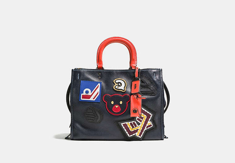 COACH®,VARSITY PATCH ROGUE BAG IN PEBBLE LEATHER,Leather,Large,Navy/Black Copper,Front View