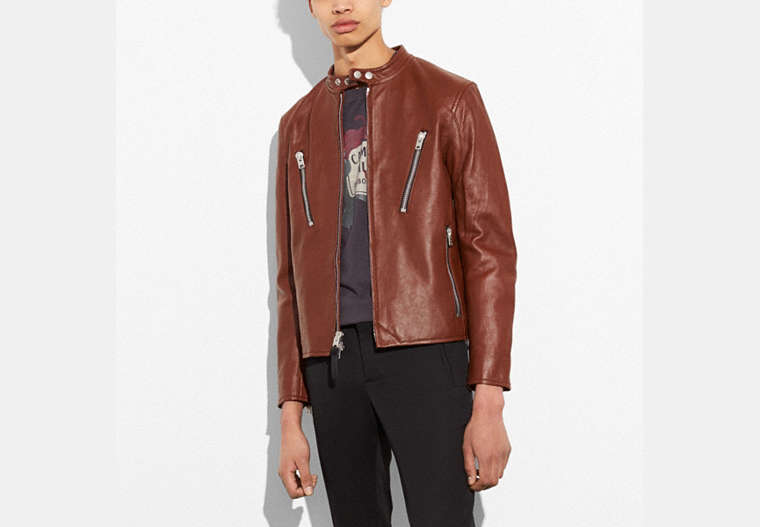 COACH®,LEATHER RACER JACKET,Leather,FAWN,Front View