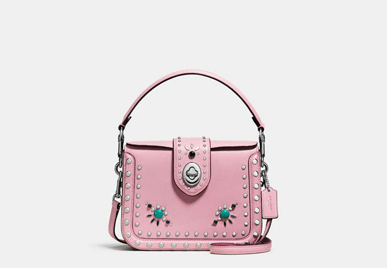 COACH®,PAGE CROSSBODY WITH WESTERN RIVETS,Leather,Small,Silver/Pink,Front View