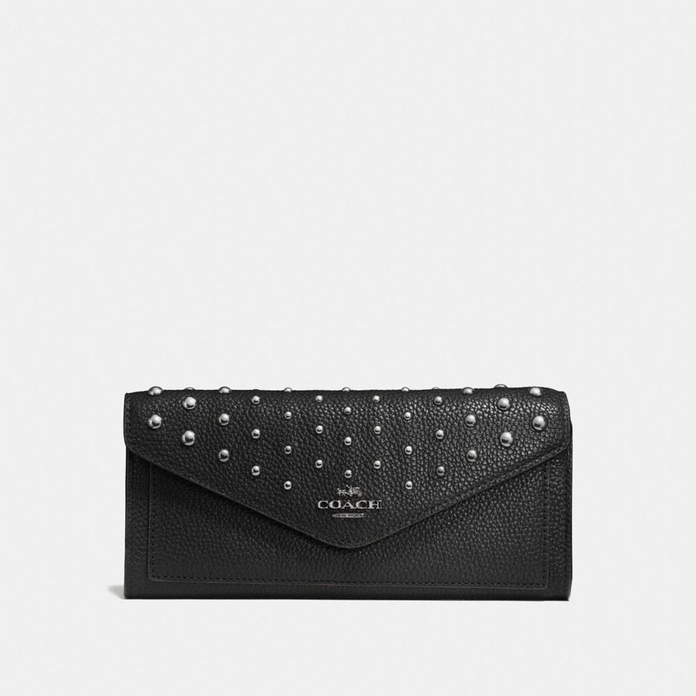 COACH®,SOFT WALLET WITH OMBRE RIVETS,Leather,Gunmetal/Black,Front View