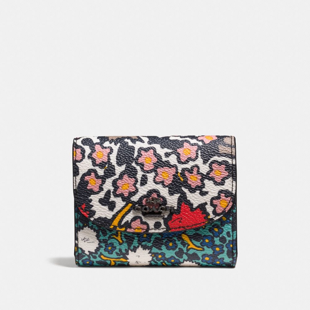 Small Double Flap Wallet In Mixed Yankee Floral Print Canvas COACH