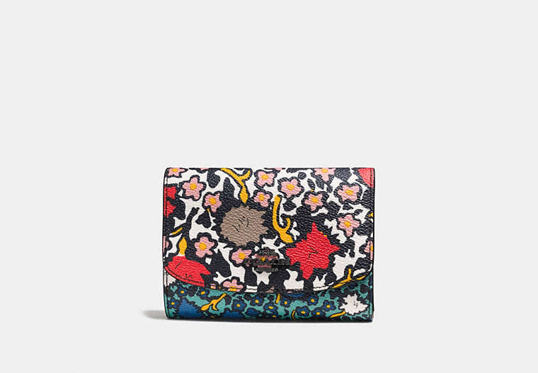 COACH®,MEDIUM DOUBLE FLAP WALLET IN MIXED YANKEE FLORAL PRINT CANVAS,Coated Canvas,Dark Gunmetal/Chalk Yankee Floral Multi,Front View