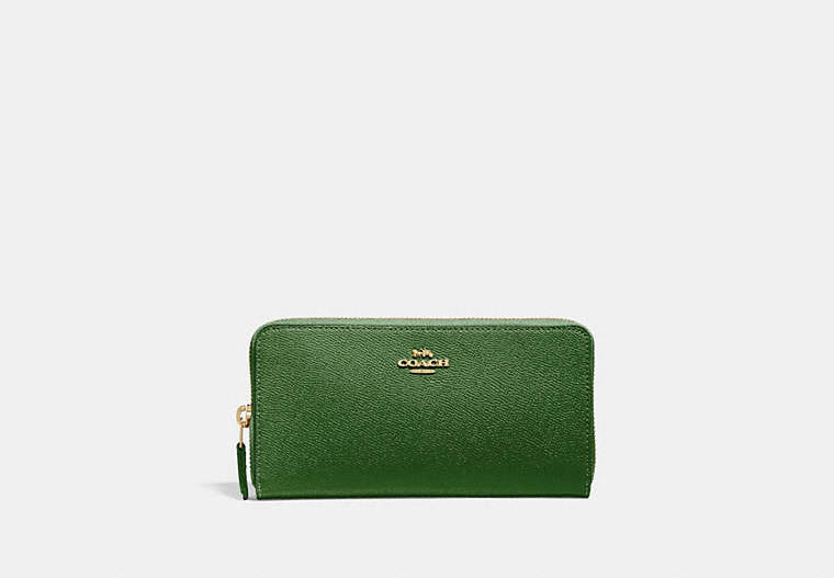 COACH®,ACCORDION ZIP WALLET,Leather,Mini,Gold/Hunter Green,Front View