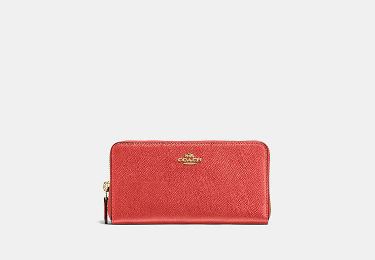 COACH®,ACCORDION ZIP WALLET,Leather,Mini,Light Gold/Deep Coral,Front View