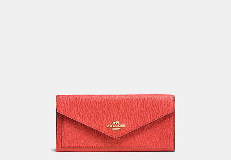 COACH®,SOFT WALLET,pusplitleather,Light Gold/Deep Coral,Front View
