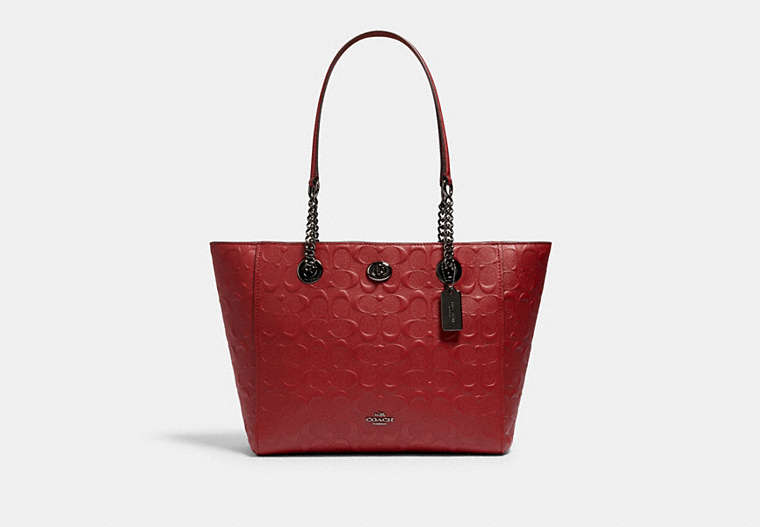 COACH®,TURNLOCK CHAIN TOTE 27 IN SIGNATURE LEATHER,Leather,Large,Gunmetal/Cherry,Front View
