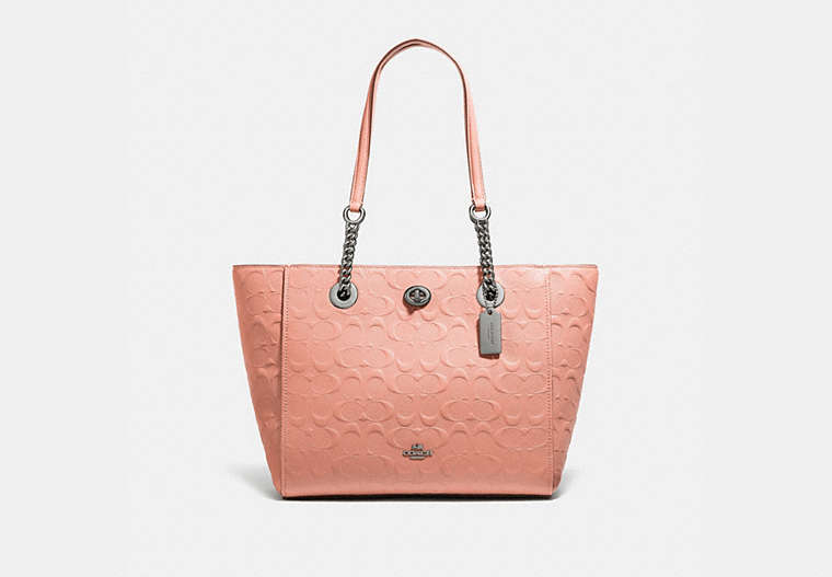 COACH®,TURNLOCK CHAIN TOTE 27 IN SIGNATURE LEATHER,Leather,Large,Dark Gunmetal/Dark Blush,Front View
