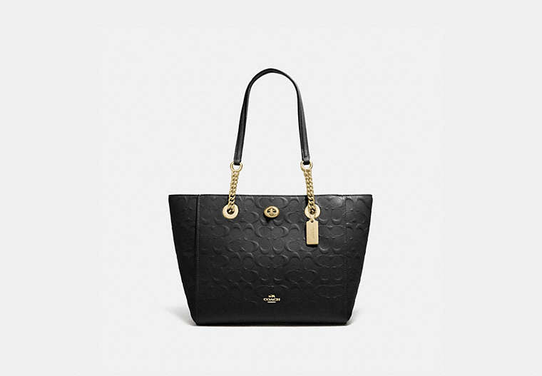 COACH®,TURNLOCK CHAIN TOTE 27 IN SIGNATURE LEATHER,Leather,Large,Light Gold/Black,Front View