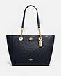 COACH®,TURNLOCK CHAIN TOTE 27 IN SIGNATURE LEATHER,Leather,Large,Light Gold/Navy,Front View