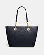 COACH®,TURNLOCK CHAIN TOTE 27 IN SIGNATURE LEATHER,Leather,Large,Light Gold/Navy,Back View