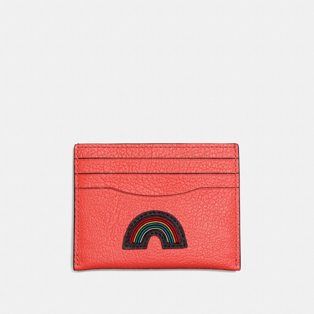 COACH®,FLAT CARD CASE IN GRAIN LEATHER WITH SOUVENIR EMBROIDERY,Leather,Dark Gunmetal/Deep Coral,Front View