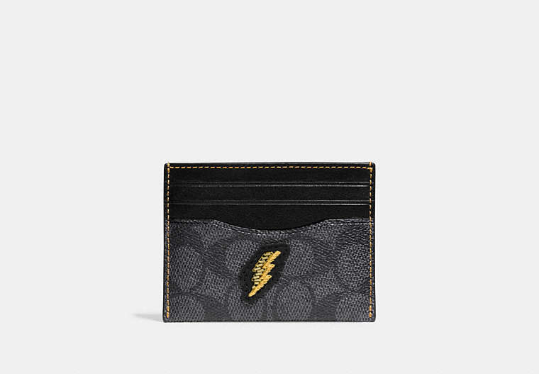 COACH®,CARD CASE IN SIGNATURE LEATHER WITH EMBROIDERY,Leather,Charcoal,Front View