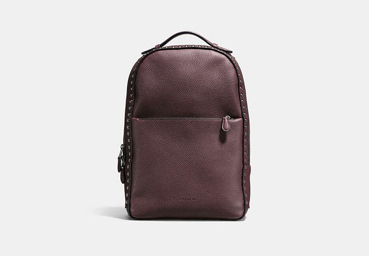 COACH®,METROPOLITAN SOFT BACKPACK IN POLISHED PEBBLE LEATHER WITH WESTERN RIVETS,Leather,Large,Dark Gunmetal/Oxblood,Front View
