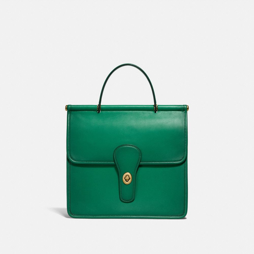 COACH®,WILLIS TOP HANDLE,Glovetan Leather,Medium,Brass/Green,Front View
