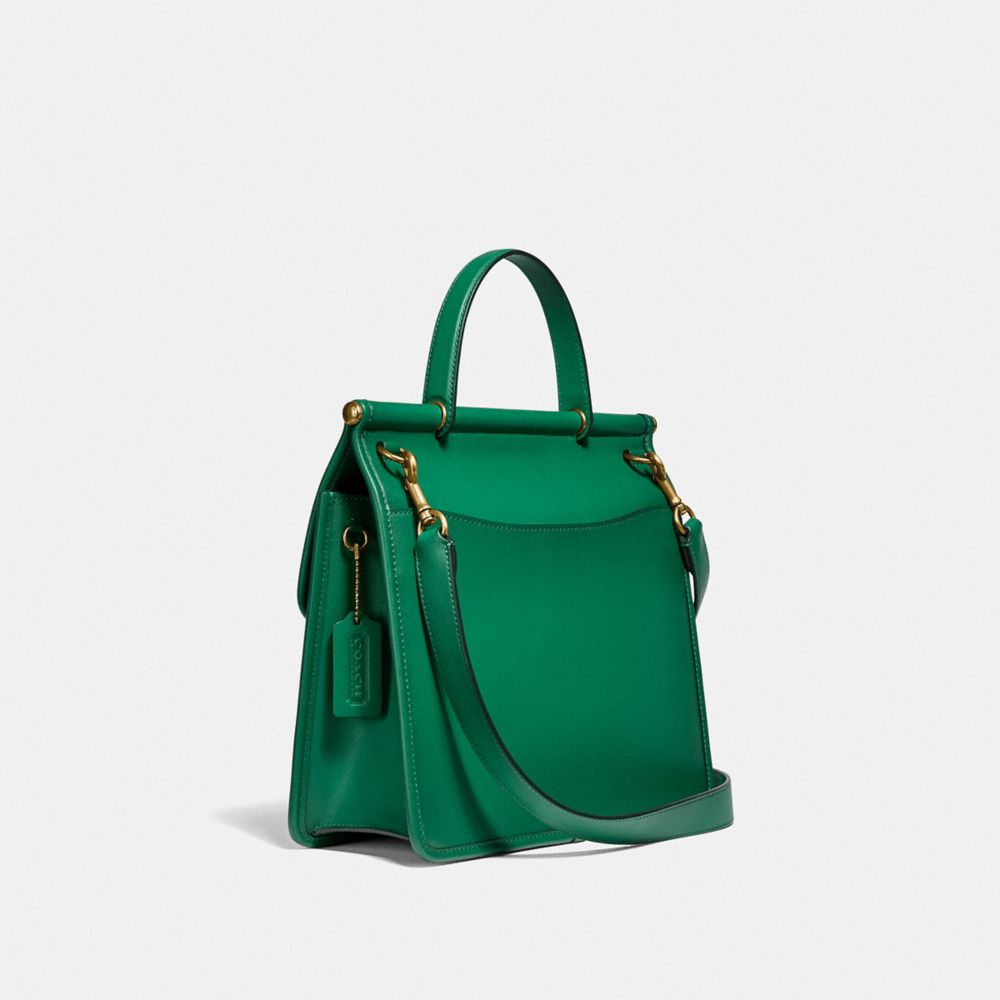 COACH®,WILLIS TOP HANDLE,Glovetan Leather,Medium,Brass/Green,Angle View