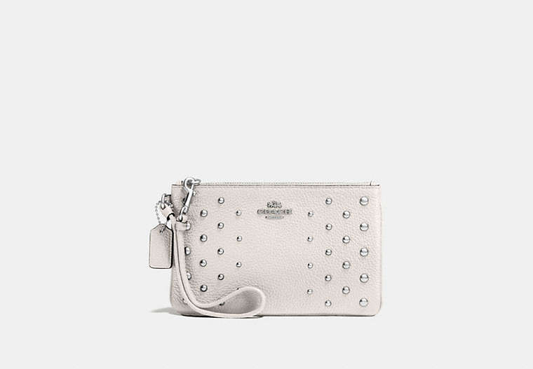 COACH®,SMALL WRISTLET IN POLISHED PEBBLE LEATHER WITH OMBRE RIVETS,Leather,Silver/Chalk,Front View