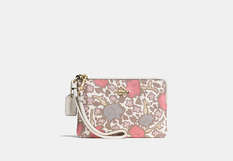 COACH®,SMALL WRISTLET IN YANKEE FLORAL PRINT COATED CANVAS,pvc,Light Gold/Beechwood Yankee Floral,Front View