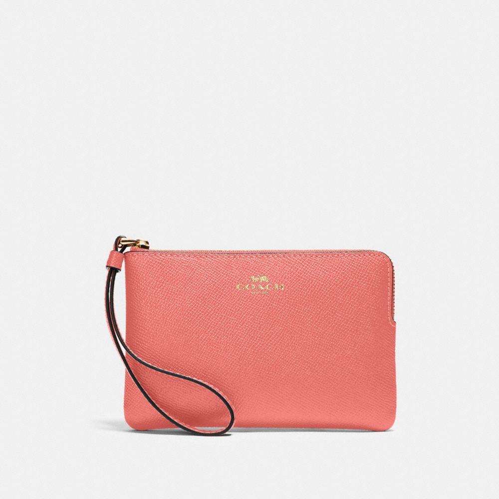 COACH®,CORNER ZIP WRISTLET,pusplitleather,Gold/Bright Coral,Front View