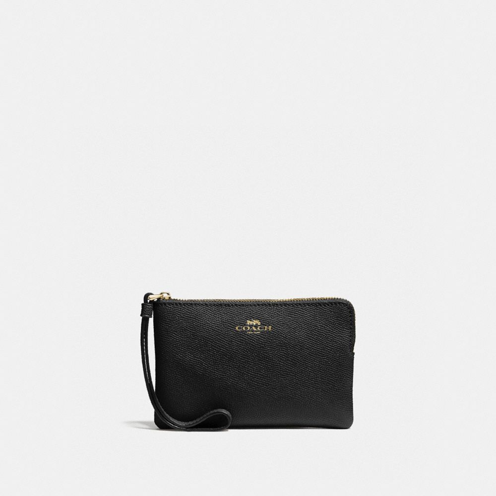 COACH®,WRISTLET À ZIP EN COIN,Cuir PSL fendu,Or/Noir,Front View