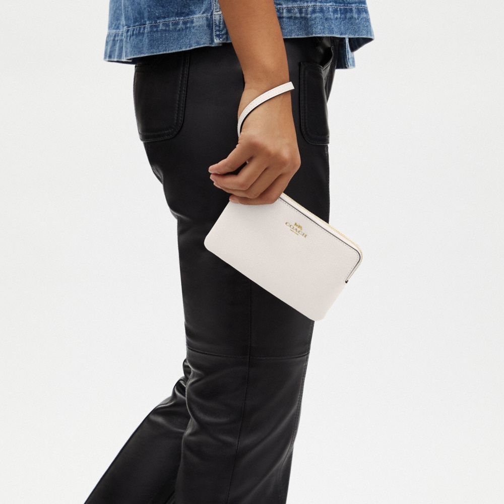 COACH®,Corner Zip Wristlet,Leather,Wristlet,Pouch,Color Block,Logo,Embossed,Gold Metal,Casual,White,Detail View