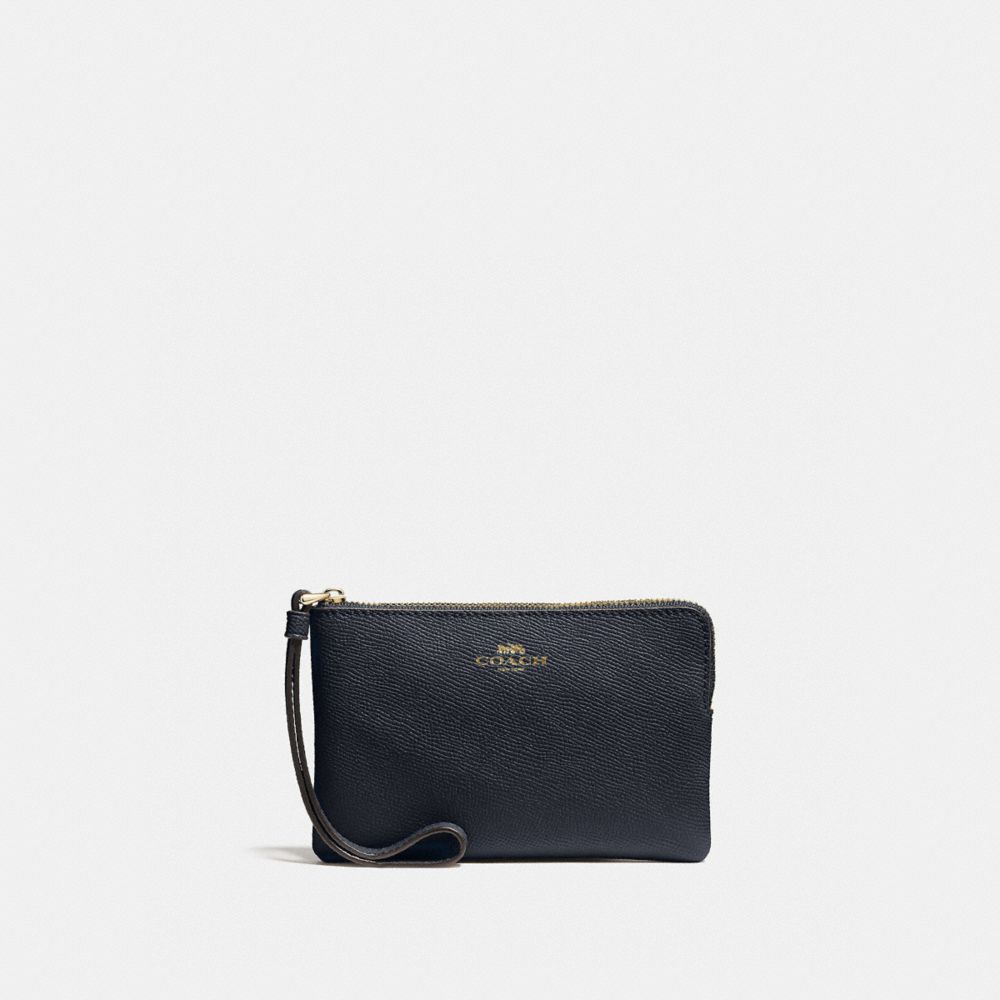 COACH®,WRISTLET À ZIP EN COIN,Cuir Cross-grain,Or/Minuit,Front View