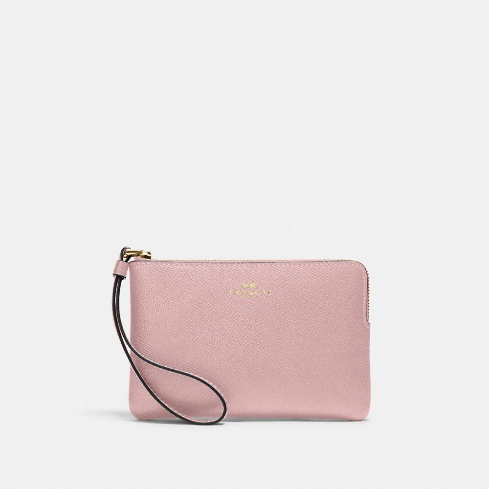 COACH®,Corner Zip Wristlet,Leather,Pouch,Wristlet,Color Block,Logo,Embossed,Gold Metal,Casual,,Front View