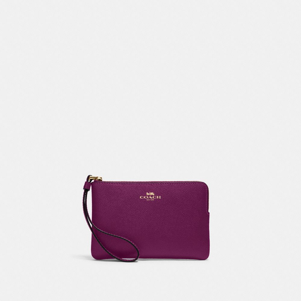 COACH®,Corner Zip Wristlet,Leather,Wristlet,Pouch,Color Block,Logo,Embossed,Gold Metal,Casual,,Front View