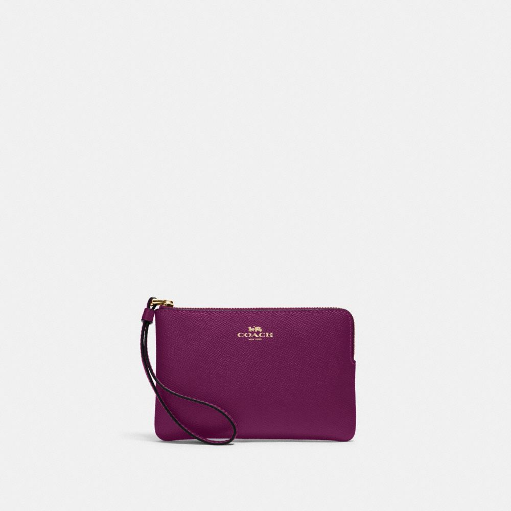 COACH®,CORNER ZIP WRISTLET,Crossgrain Leather,Im/Dark Magenta,Front View