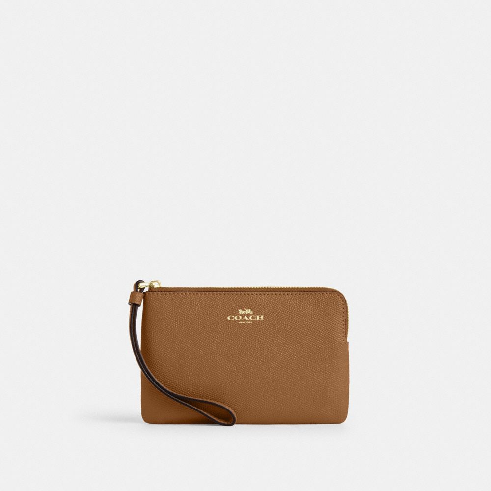 COACH®,WRISTLET À ZIP EN COIN,Cuir Cross-grain,Mini,Im/Marron Miel,Front View