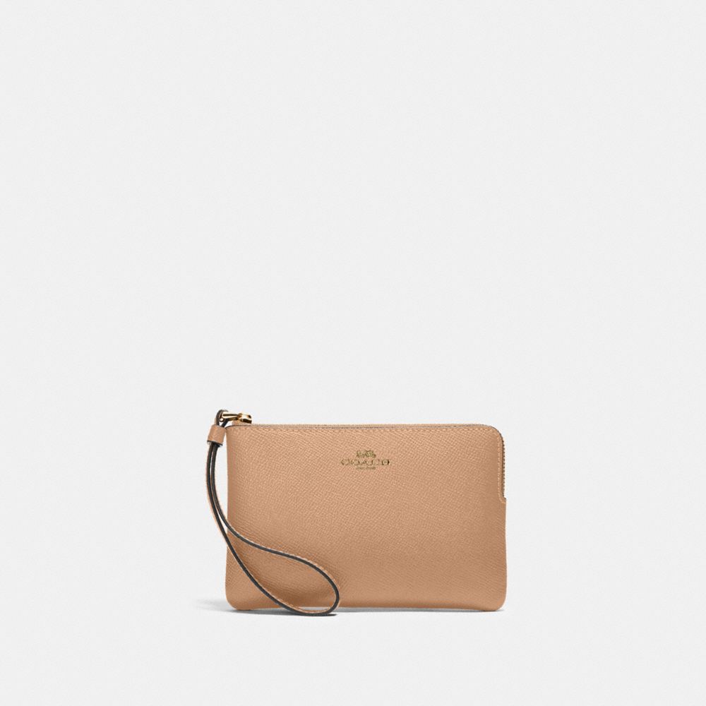 COACH®,CORNER ZIP WRISTLET,Crossgrain Leather,Gold/Taupe,Front View