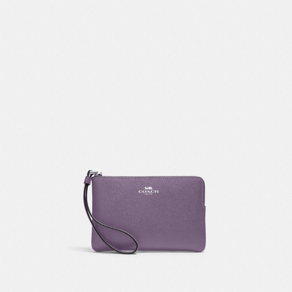 COACH®,CORNER ZIP WRISTLET,pusplitleather,Silver/Amethyst,Front View