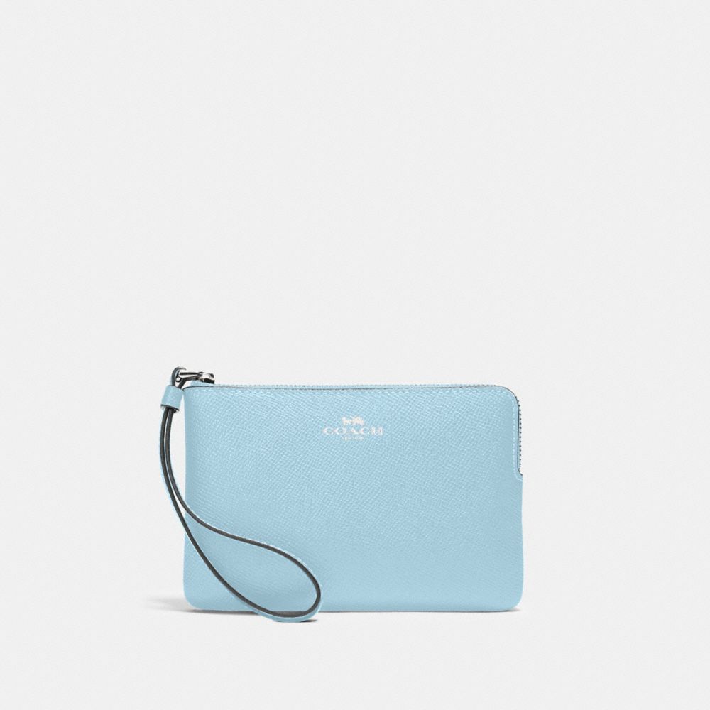 COACH®,CORNER ZIP WRISTLET,Crossgrain Leather,Silver/Waterfall,Front View