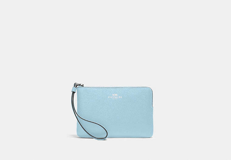 COACH®,CORNER ZIP WRISTLET,pusplitleather,Mini,Silver/Waterfall,Front View image number 0