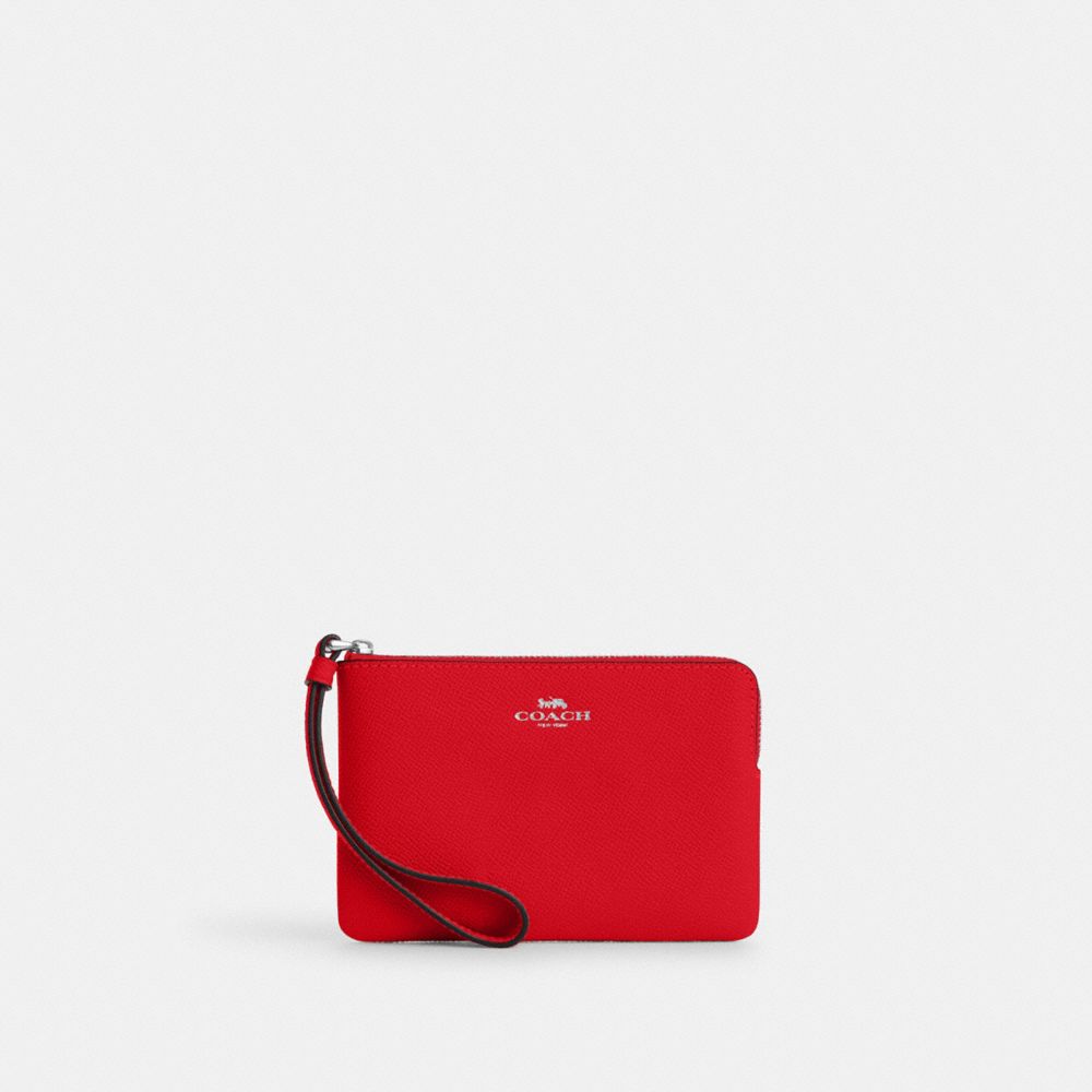 COACH®,CORNER ZIP WRISTLET,Crossgrain Leather,Silver/Bright Poppy,Front View