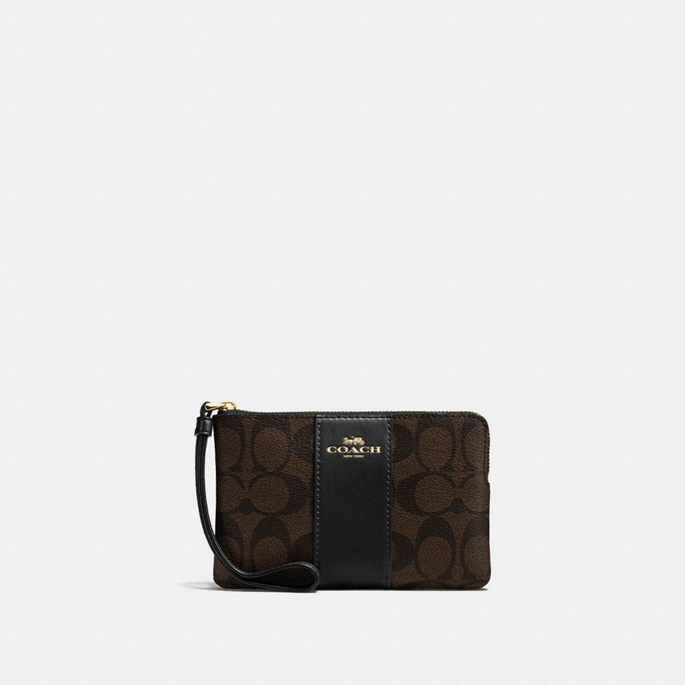 COACH®,CORNER ZIP WRISTLET IN SIGNATURE CANVAS,pvc,Gold/Brown Black,Front View