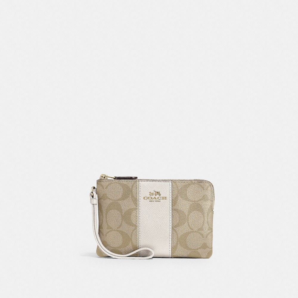 COACH®,CORNER ZIP WRISTLET IN SIGNATURE CANVAS,Signature Canvas,Gold/Light Khaki Chalk,Front View