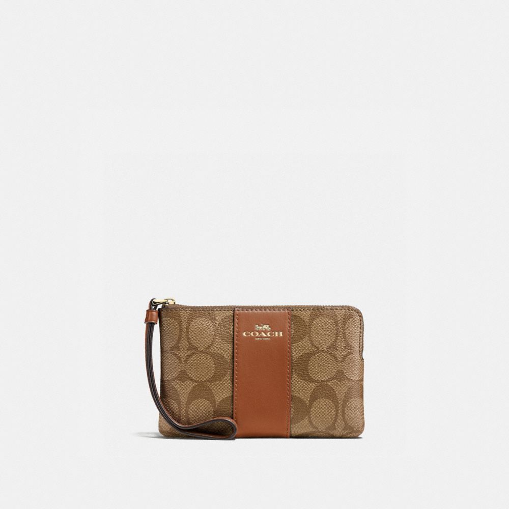 COACH®,CORNER ZIP WRISTLET IN SIGNATURE CANVAS,pvc,Gold/Khaki Saddle 2,Front View