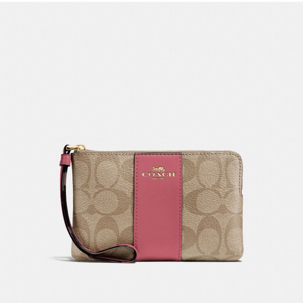 COACH®,Corner Zip Wristlet In Signature Canvas,Leather,Canvas,Pouch,Wristlet,PVC,Color Block,Logo,Casual,,Front View