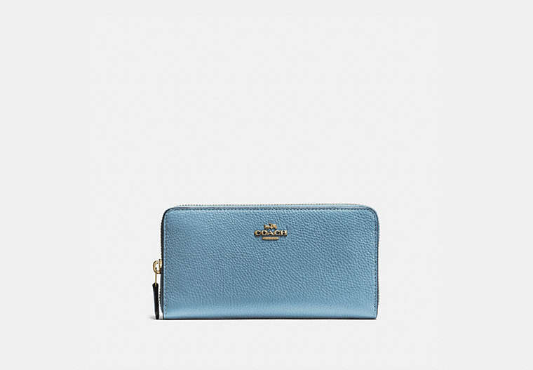 COACH®,ACCORDION ZIP WALLET,Pebbled Leather,Mini,Brass/Pacific Blue,Front View