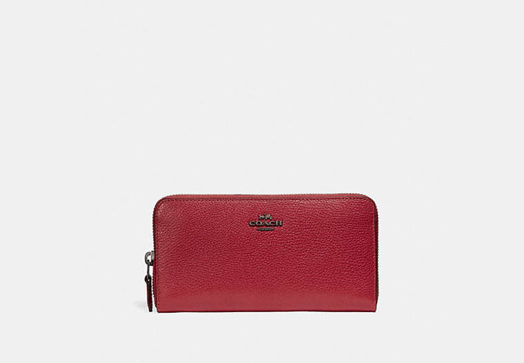 COACH®,ACCORDION ZIP WALLET,Pebbled Leather,Mini,Gunmetal/Washed Red,Front View