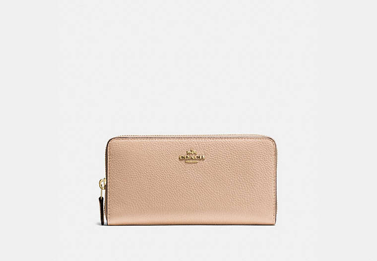 COACH®,ACCORDION ZIP WALLET,Pebbled Leather,Mini,Light Gold/Beechwood,Front View