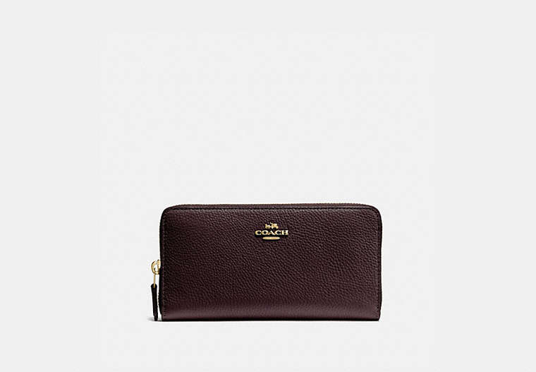 COACH®,ACCORDION ZIP WALLET,Pebbled Leather,Mini,Light Gold/Oxblood,Front View
