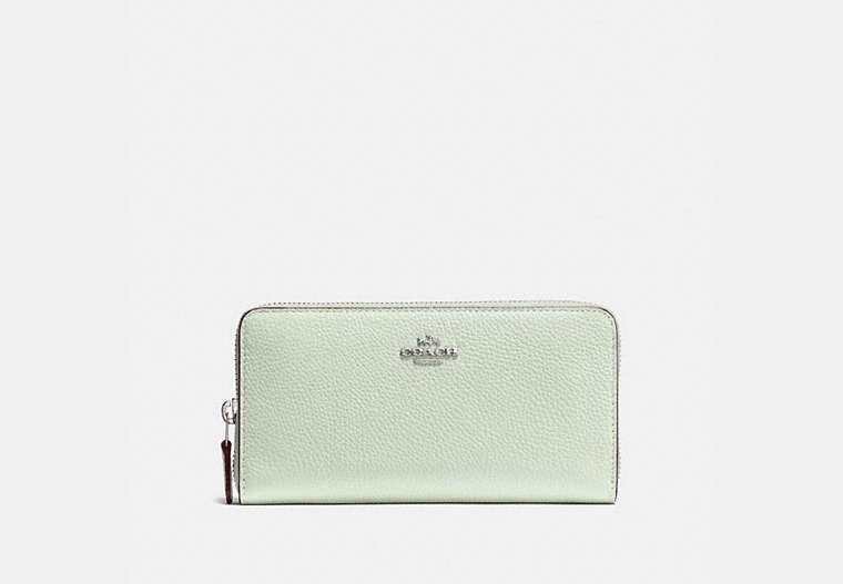 COACH®,ACCORDION ZIP WALLET,Pebbled Leather,Mini,Silver/Pale Green,Front View