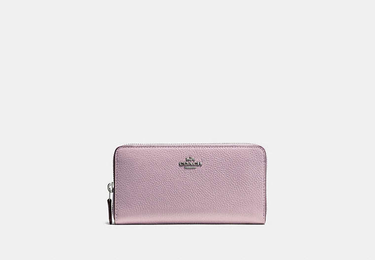 COACH®,ACCORDION ZIP WALLET,Pebbled Leather,Mini,Silver/Ice Purple,Front View