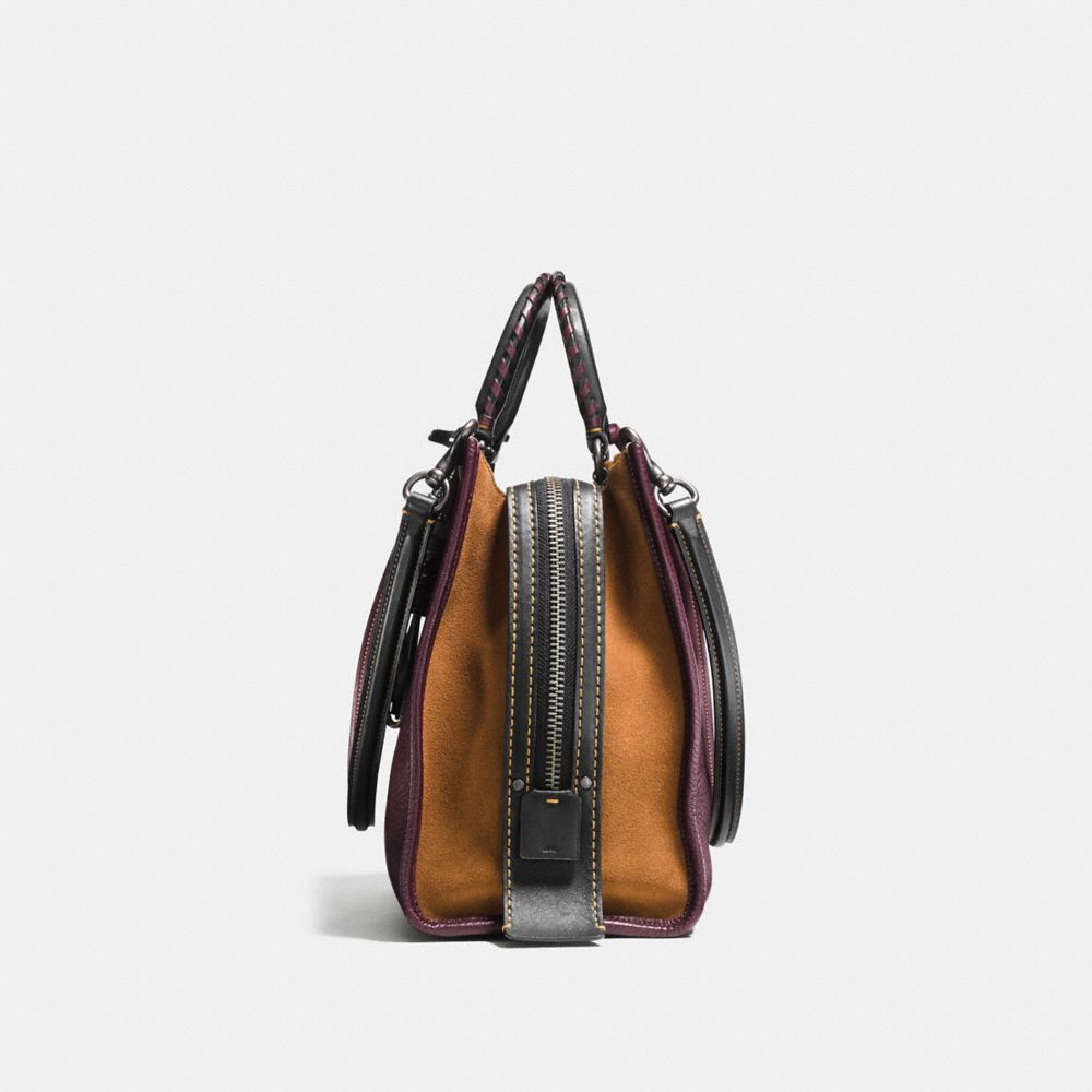 COACH®,ROGUE BAG WITH WHIPSTITCH HANDLE,Glovetan Leather,Large,Black Copper/Oxblood,Angle View