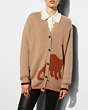 COACH®,LONG SLEEVE CARDIGAN WITH DINO,Cashmere Blend,Light Camel,Front View