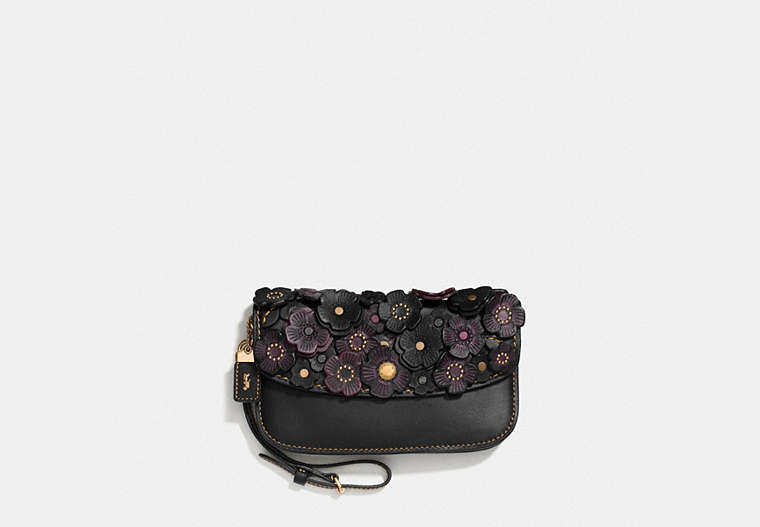 COACH®,CLUTCH WITH TEA ROSE,Leather,Brass/Black,Front View
