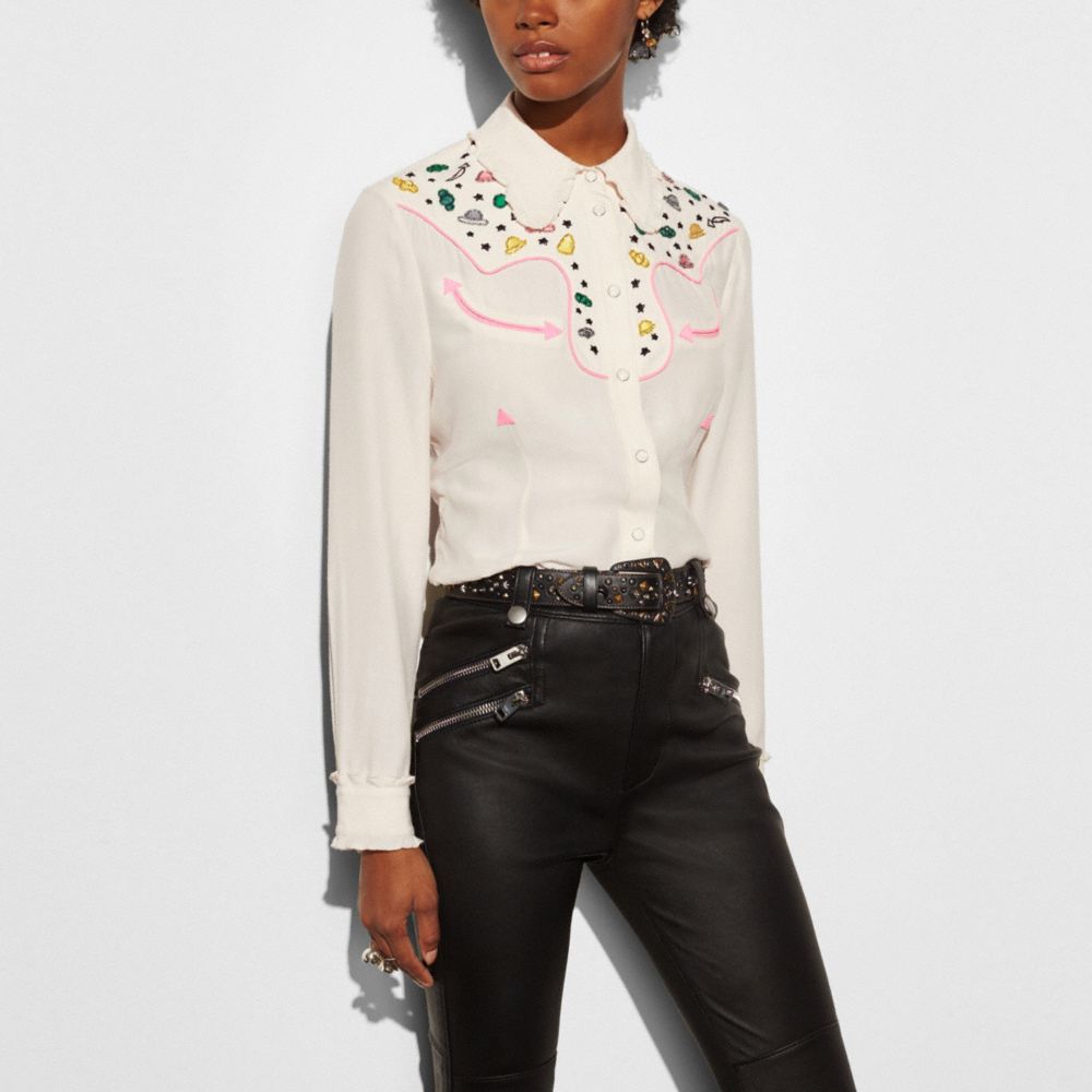 COACH®,WESTERN SHIRT WITH EMBELLISHMENT,Silk,Natural,Front View