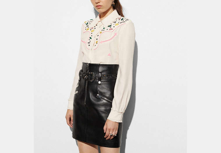 COACH®,HIGH WAISTED MOTO SKIRT,Leather,Black,Front View
