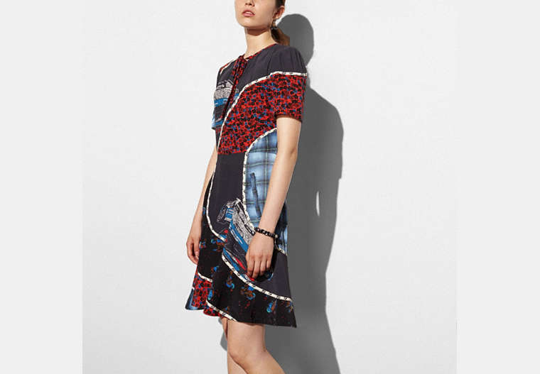 COACH®,CAR PRINT CIRCULAR PATCHWORK DRESS,Silk,Multicolor,Front View